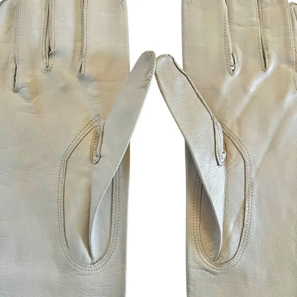 Vintage Kidskin Bone White Italian Leather Forearm Long Evening Gloves Sz 6/6.5